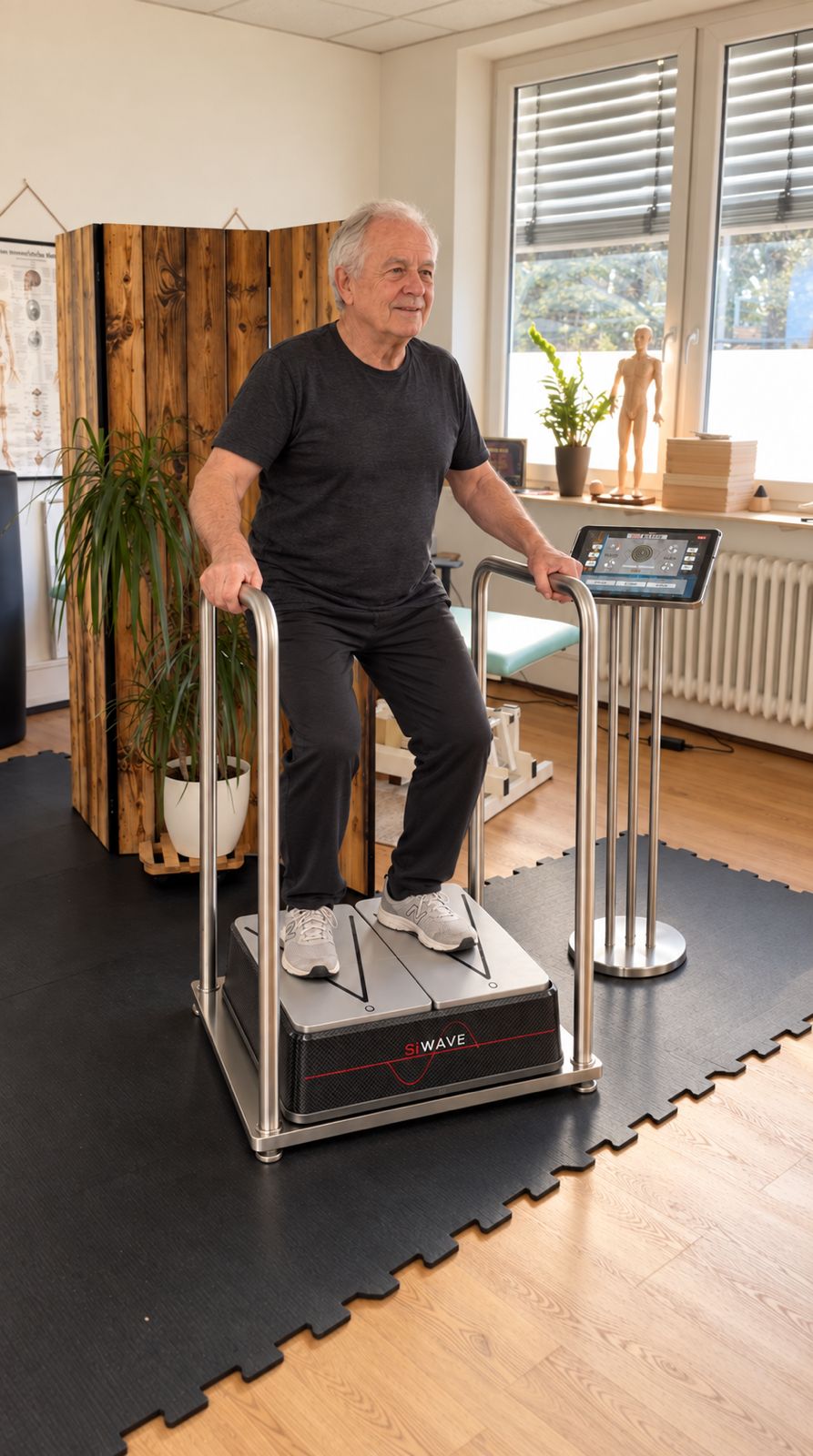 &Auml;lterer Mann trainiert auf der SiWAVE MULTI und h&auml;lt sich an den seitlichen Griffen fest
